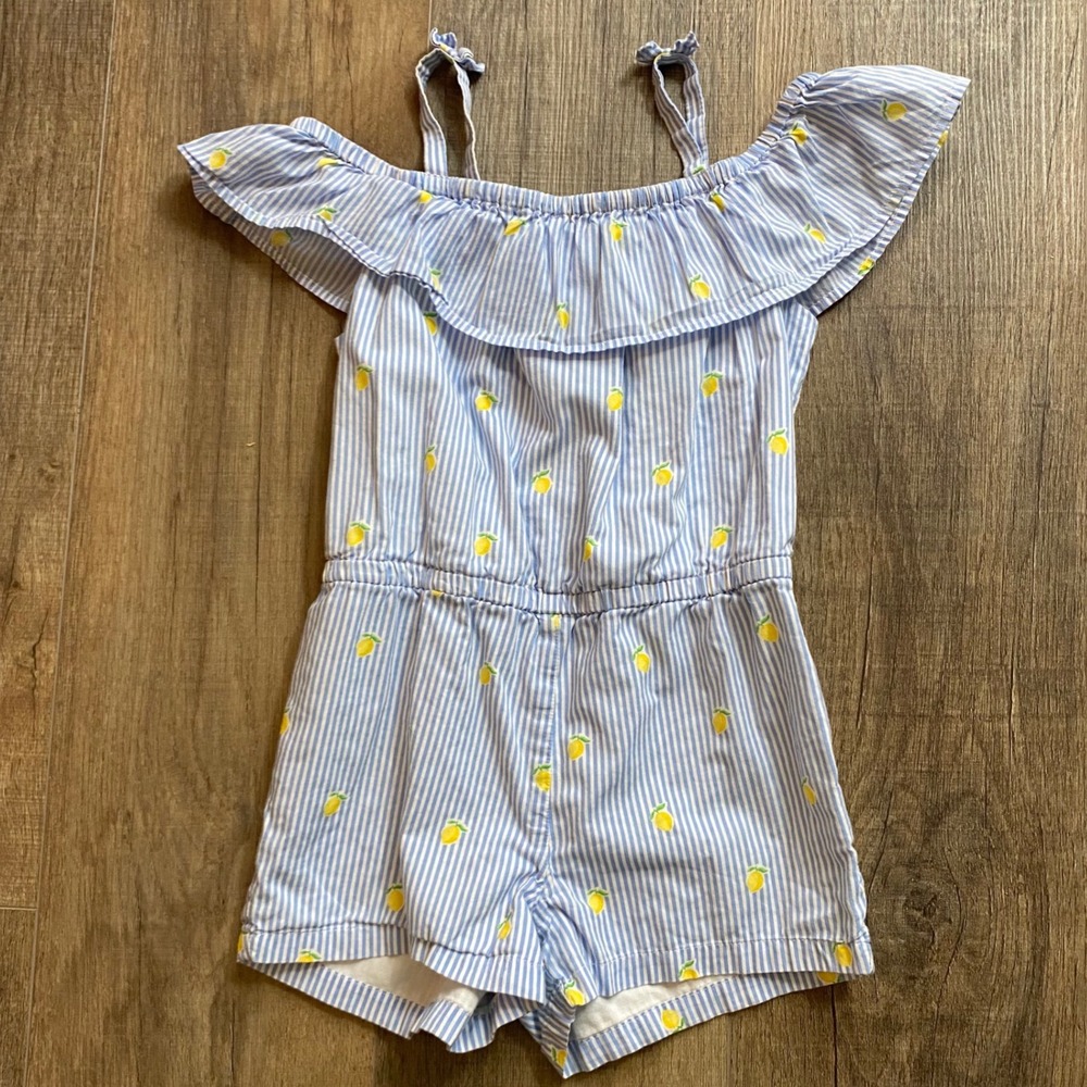 Janie and Jack Kids Blue White Striped Lemon Print Ruffle Romper Size 5, Spring